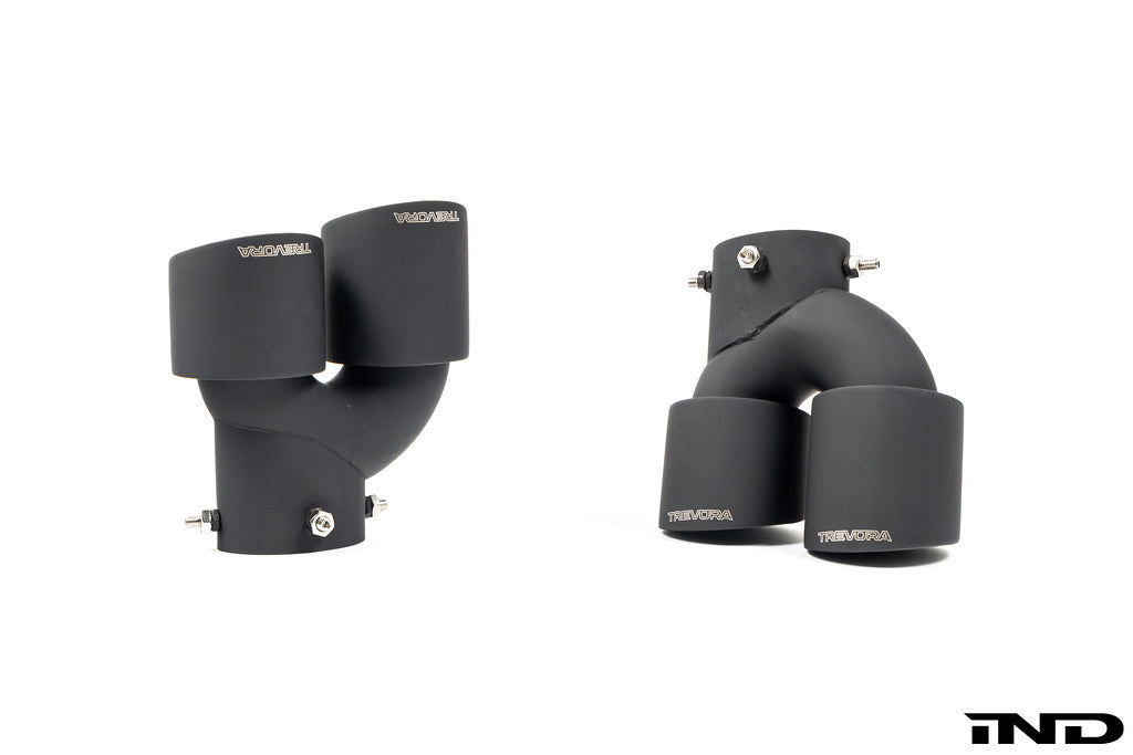 TREVORA G42 / G2X 3 and 4 Series black Cerakote exhaust tip set on white background, exterior car accessories.
