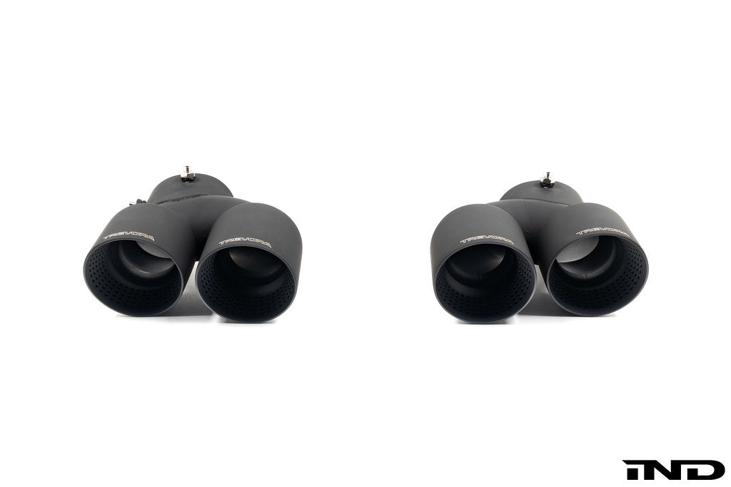 TREVORA G42 and G2X 3 and 4 Series Cerakote Black exhaust tip set on white background, exterior car accessory
