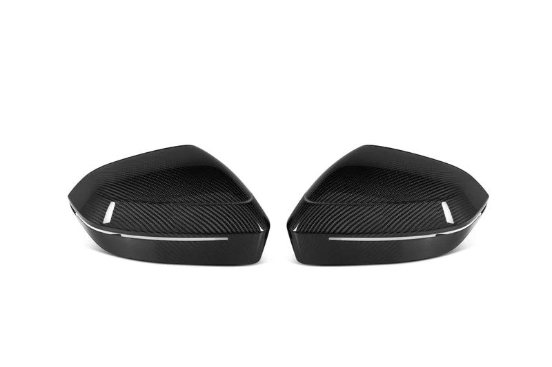 TREVORA G60 / G61 5-Series and G45 X3 carbon fiber mirror covers on white background, exterior car accessories.