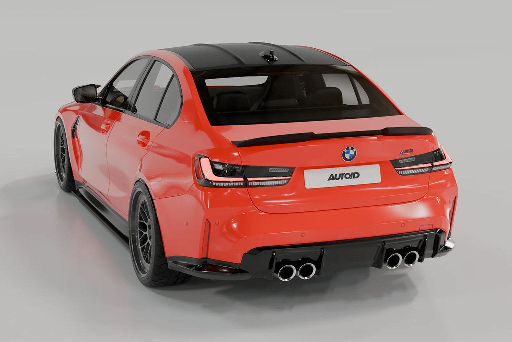 TREVORA G80 M3 exterior carbon fiber PR-1 rear trunk spoiler installed on a BMW G80 M3.