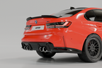 TREVORA G80 M3 Carbon Fiber PR-1 Rear Trunk Spoiler installed on vehicle, showcasing sleek aerodynamic exterior enhancement.