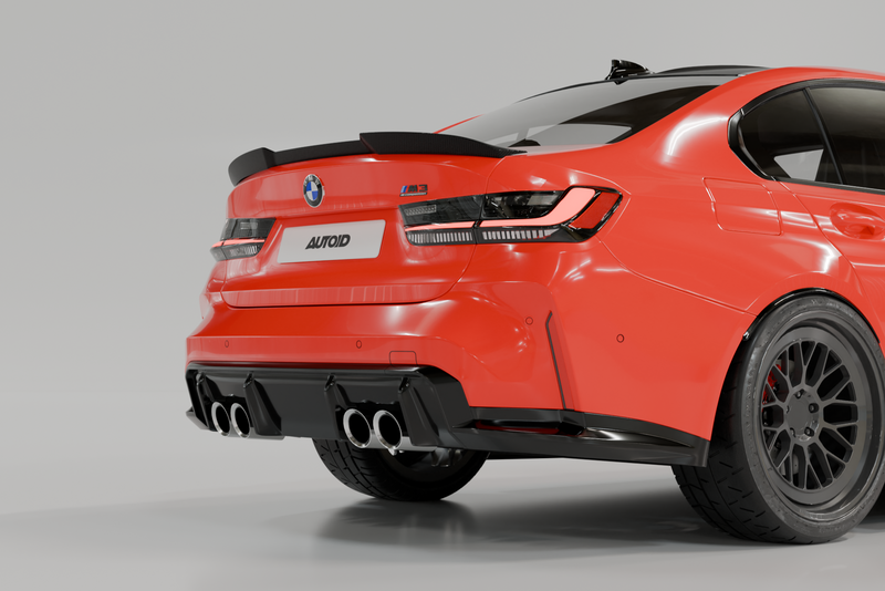 TREVORA G80 M3 Carbon Fiber PR-1 Rear Trunk Spoiler installed on vehicle, showcasing sleek aerodynamic exterior enhancement.