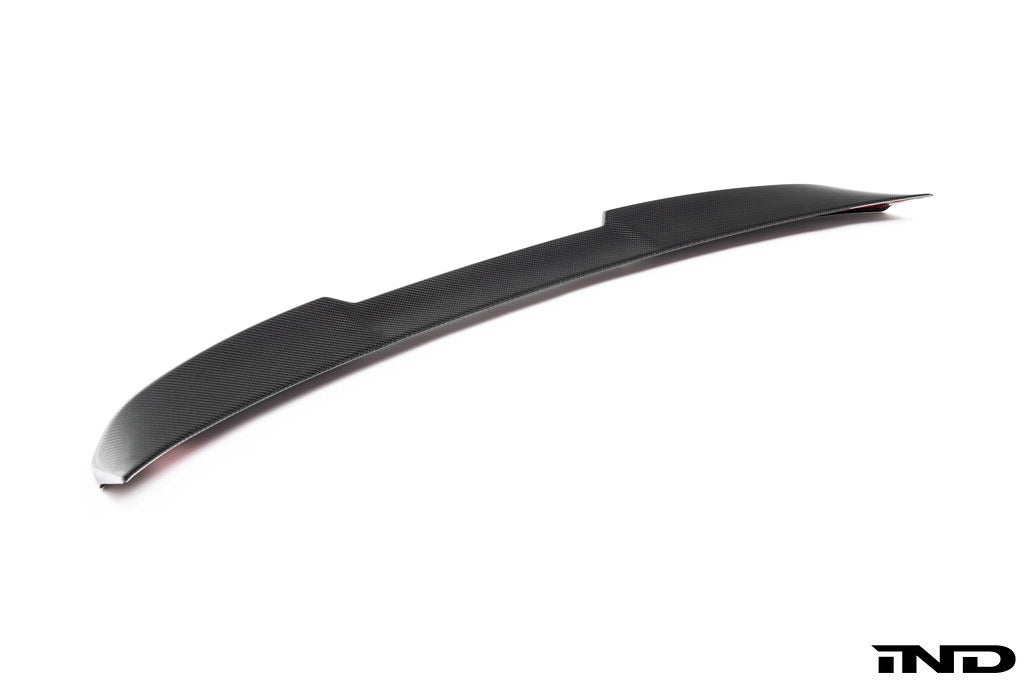 TREVORA G80 M3 carbon fiber PR-1 rear trunk spoiler installed on a white BMW G80 M3 exterior car, showcasing aerodynamic design