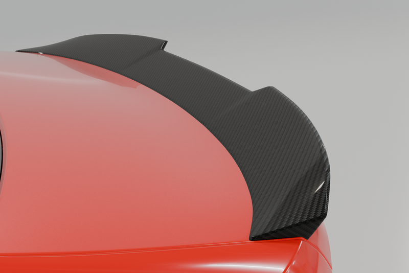 TREVORA G80 M3 carbon fiber PR-1 rear trunk spoiler installed on white exterior of BMW G80 M3 sports car.