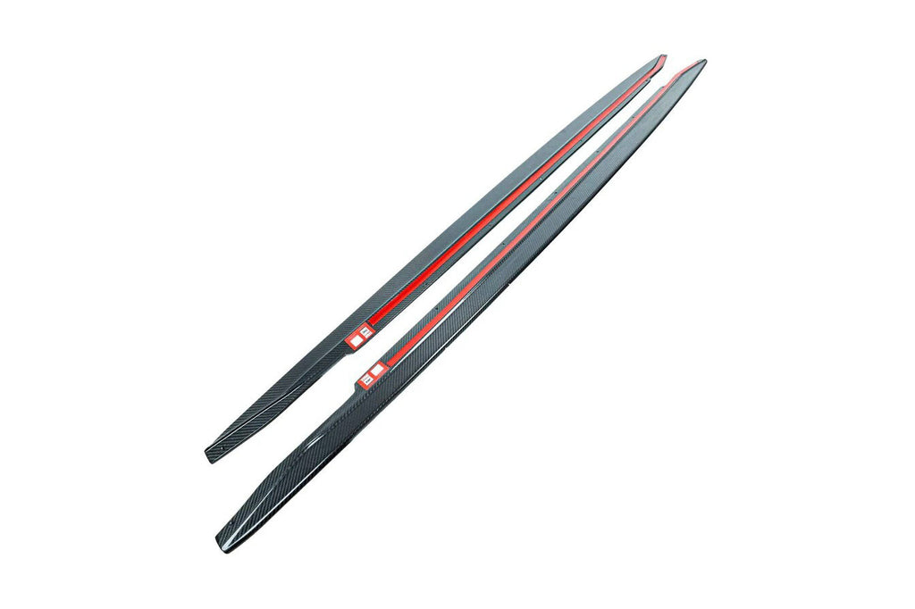 TREVORA G82 G83 M4 carbon fiber side skirts for exterior upgrade, showing white background and detailed side profile.