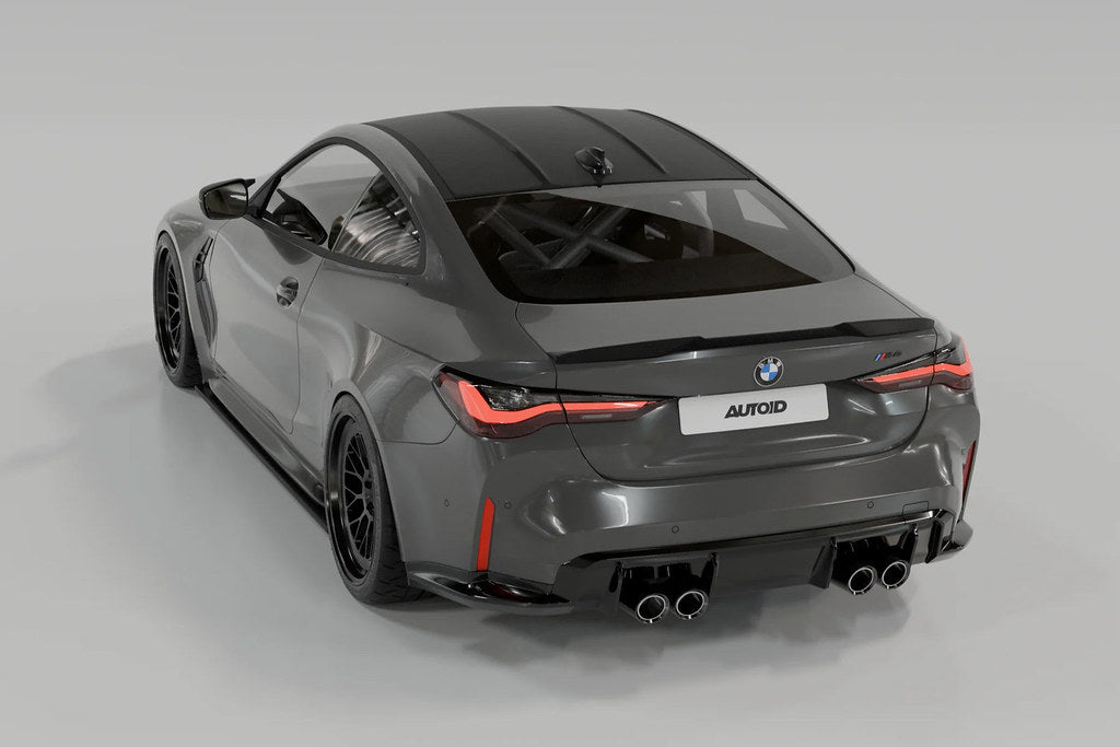 TREVORA G82 M4 carbon fiber PR-1 rear trunk spoiler installed on car, showcasing sleek aerodynamic exterior modification.
