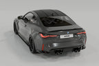 TREVORA G82 M4 carbon fiber PR-1 rear trunk spoiler installed on car, showcasing sleek aerodynamic exterior modification.