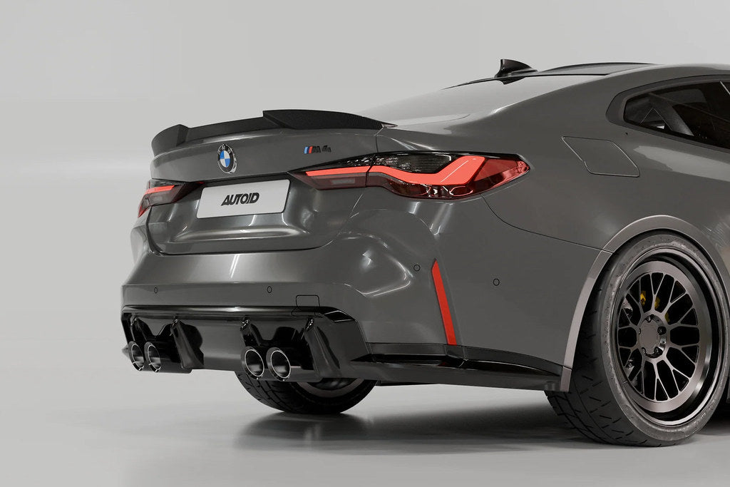 TREVORA G82 M4 carbon fiber PR-1 rear trunk spoiler installed on BMW G82 M4 exterior, showcasing sleek aerodynamic design.