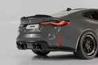 TREVORA G82 M4 carbon fiber PR-1 rear trunk spoiler installed on BMW G82 M4 exterior, showcasing sleek aerodynamic design.