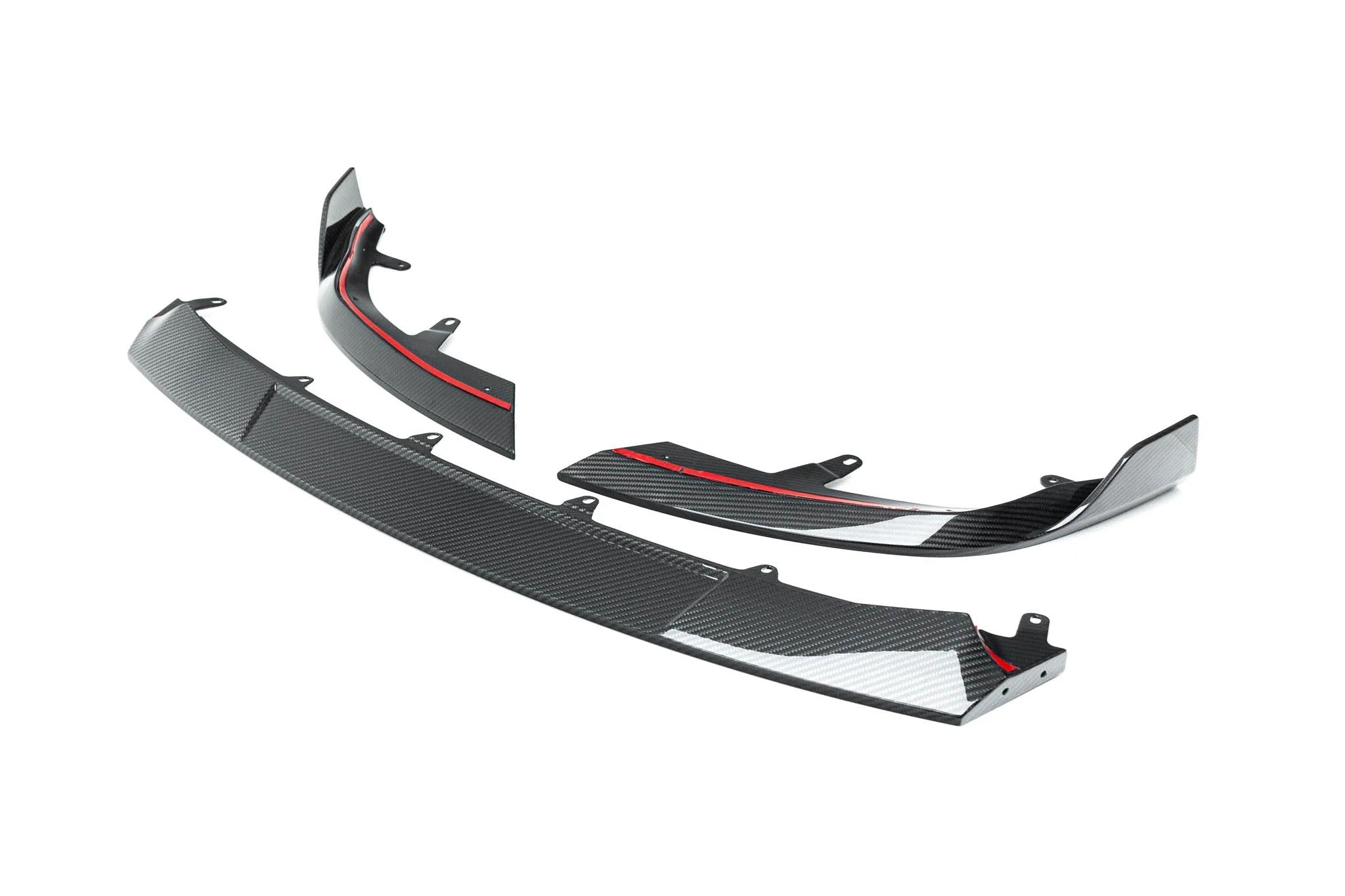 TREVORA G87 M2 Carbon front splitter with winglets for BMW M2, shown on white background, highlighting aerodynamic exterior design.