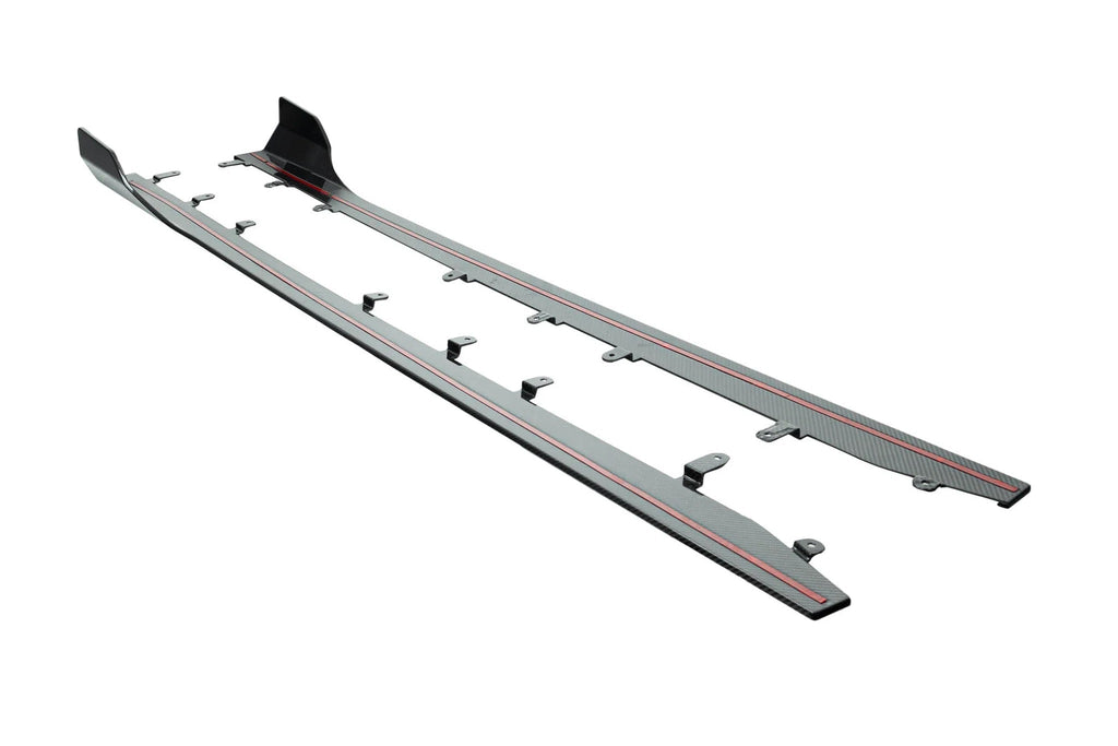 TREVORA G87 M2 Carbon side skirt set for exterior, shown in white background, enhancing vehicle aerodynamics and style.