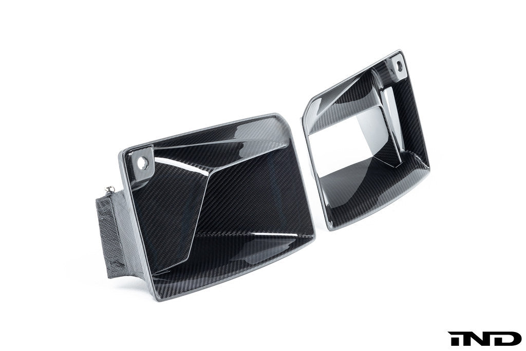 TREVORA G87 M2 TR87 carbon front air duct set installed on a white BMW G87 M2 exterior, showcasing lightweight aerodynamic components.