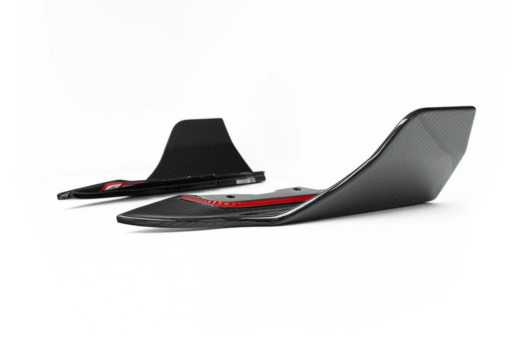 TREVORA G87 M2 carbon rear bumper winglet set installed on white BMW G87 M2 exterior car part.