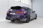 TREVORA G90 G99 M5 carbon fiber side skirts installed on a vehicle, highlighting sleek exterior design and aerodynamic styling
