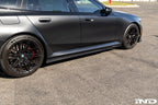 TREVORA G90 G99 M5 carbon fiber side skirts installed on a vehicle, showcasing sleek exterior design and aerodynamic enhancement.