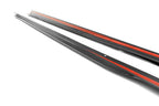 TREVORA G90 G99 M5 Carbon Fiber PR-1 Side Skirts installed on a car, showcasing sleek white exterior exterior accessories.