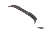 TREVORA G99 M5 Carbon Fiber PR-1 rear roof spoiler on white exterior, sleek aerodynamic accessory for M5 models