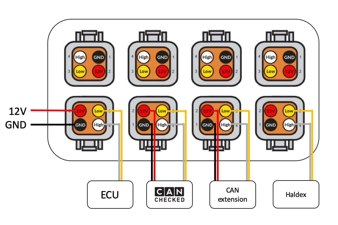 CANchecked CAN Bus Distribution interior wiring for vehicle's CAN bus system, showing detailed electrical connections.
