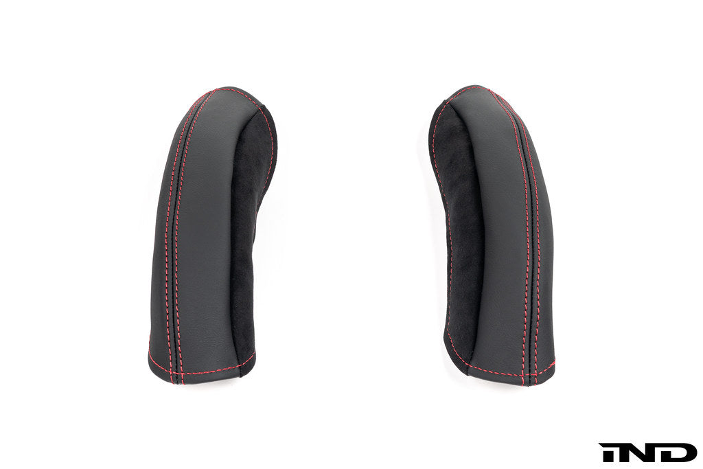 Wunderworks BMW M Carbon Bucket Seat Bolster Protector set in black leather with Alcantara and red stitching for interior protection.