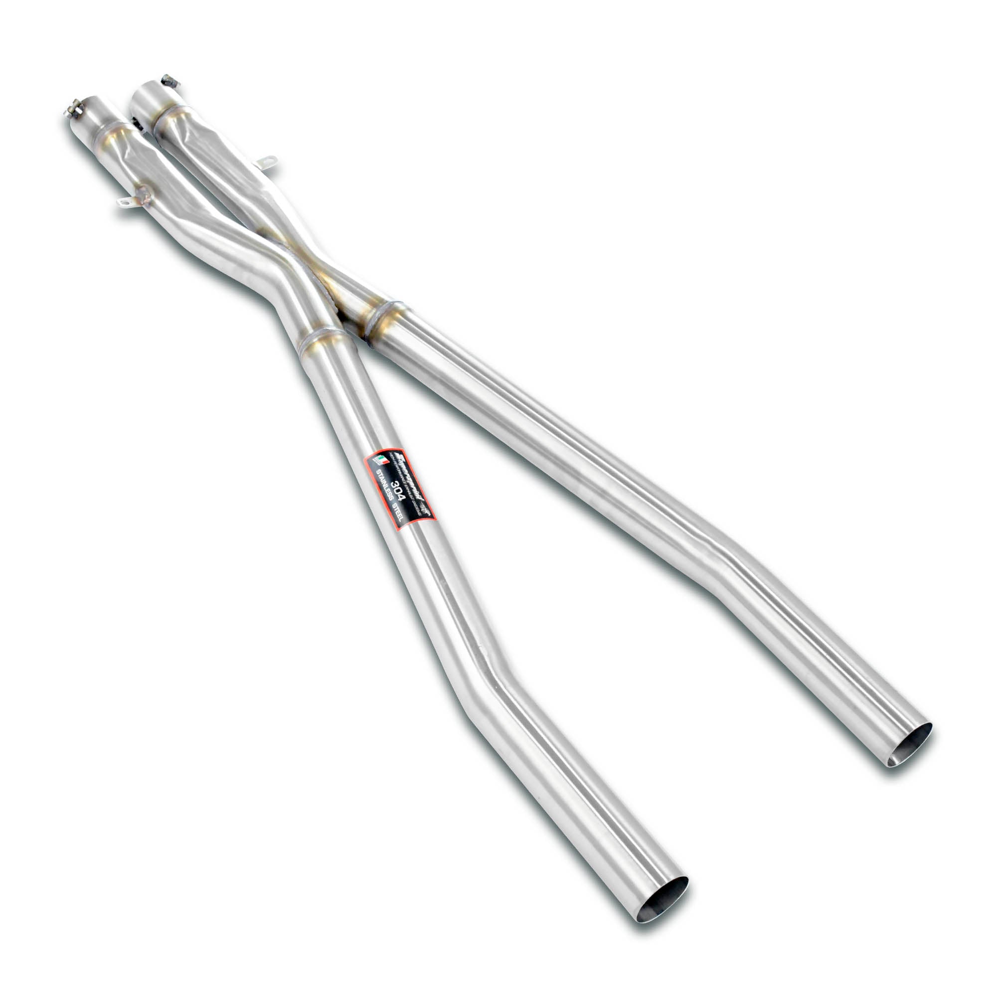 Supersprint BMW E39 M5 stainless steel non-resonated center X-pipe exhaust system showing the polished pipe and connection points