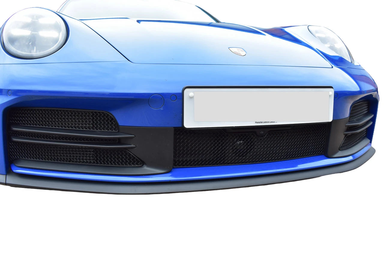 Zunsport Porsche Carrera 992.2 front lower grille set installed on the exterior of the vehicle, showcasing sleek black mesh design.