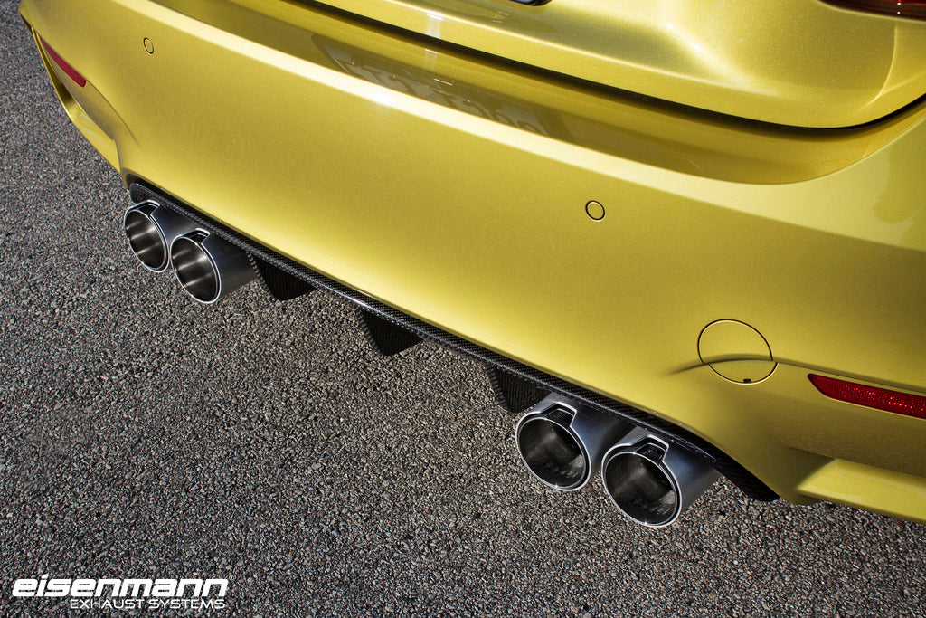 Eisenmann F8X M3 M4 performance exhaust system with valves, showing polished stainless steel pipes and exhaust tips.