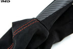 IND F87 M2 matte carbon stitched parking brake handle for car interior, featuring sleek design and premium stitching.
