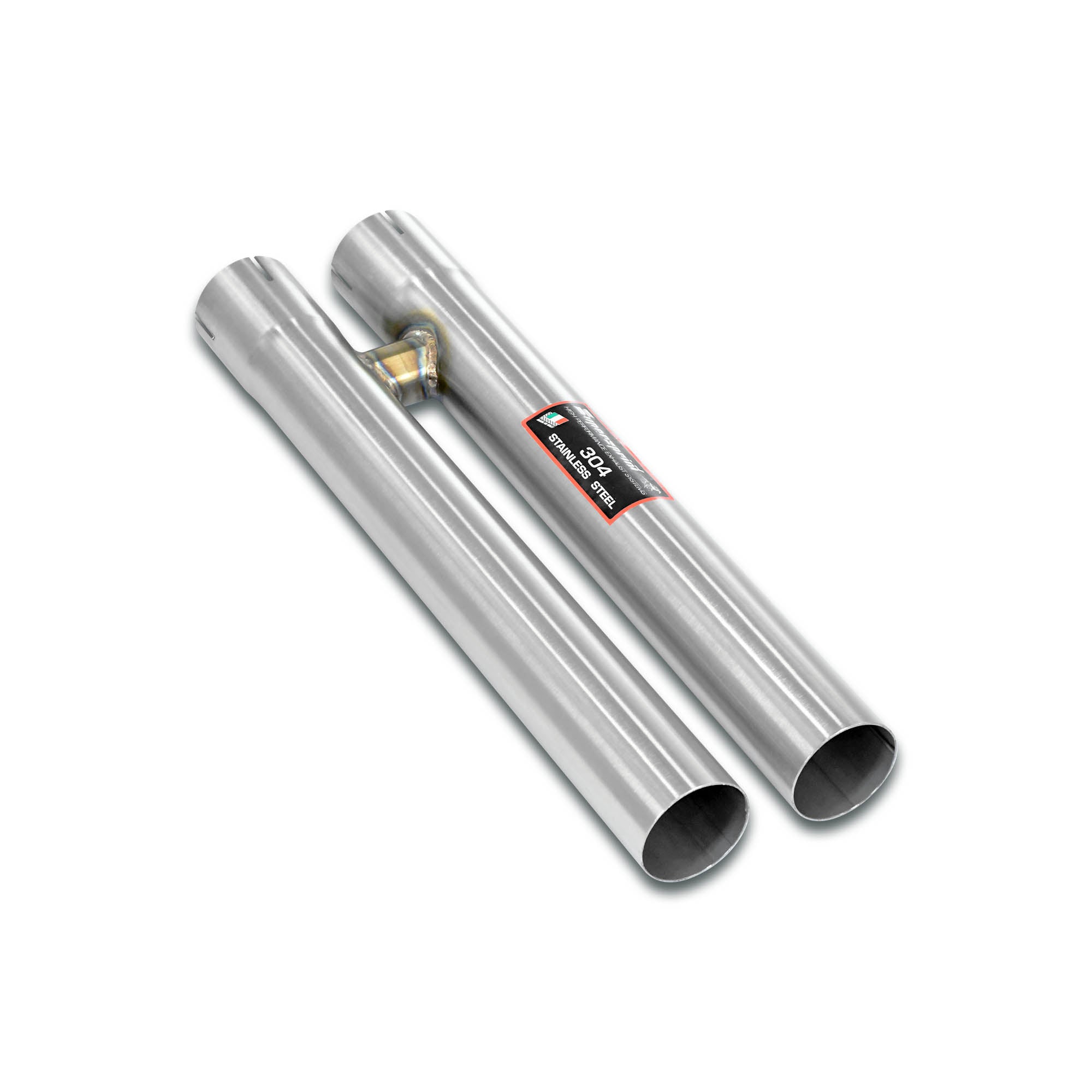 Supersprint Ferrari 812, F12, F60 exhaust center H-pipe kit installed on a sports car, showing polished metal components.
