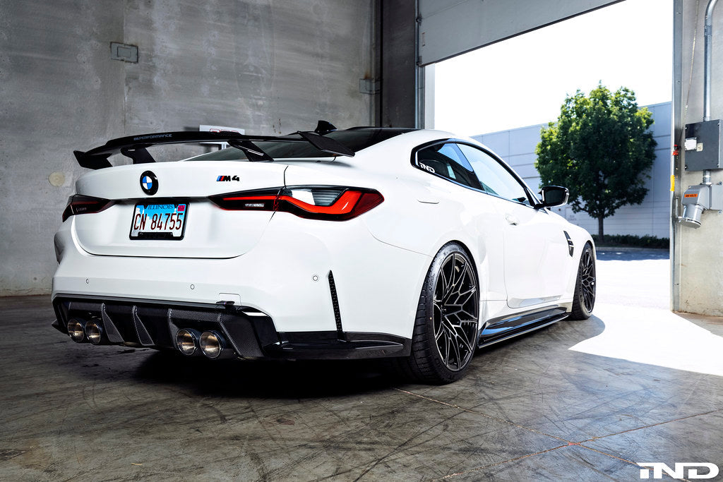 Eisenmann G8X M3 M4 Performance Exhaust System with valves, showing polished exhaust tips and black matte finish on the exhaust pipes.