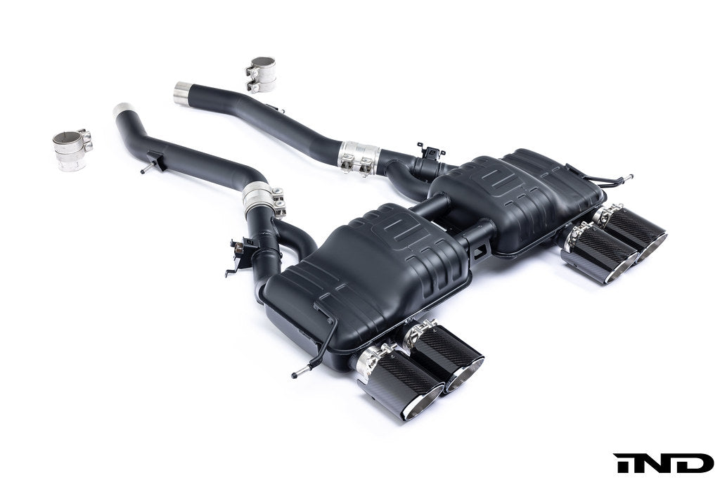 Eisenmann G8X M3 M4 performance exhaust system with valves, showing the sleek black exhaust tips and piping.