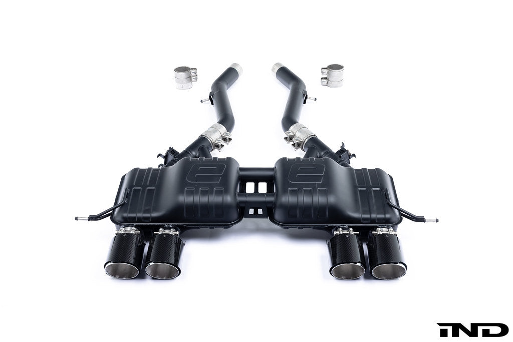 Eisenmann G8X M3 M4 performance exhaust system with valved design, showing polished stainless steel pipes and dual exhaust tips.