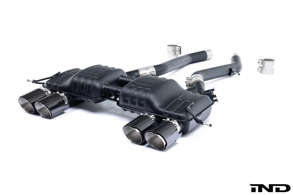 Eisenmann G8X M3 M4 Performance Exhaust System with valves, showing the sleek exhaust pipes and muffler in polished metal.