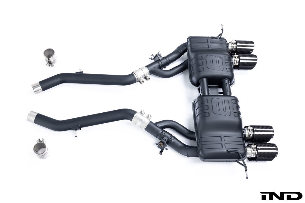 Eisenmann G8X M3 M4 performance exhaust system with valves, showing polished metal pipes and dual exhaust tips.