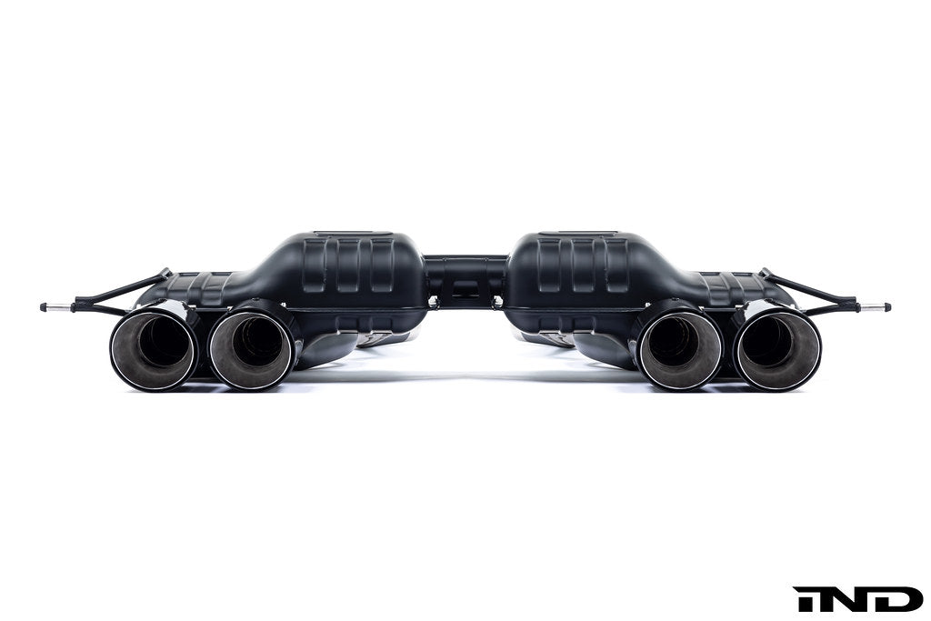Eisenmann G8X M3/M4 Performance Exhaust System with valves, showing the sleek exhaust pipes and polished metal finish.