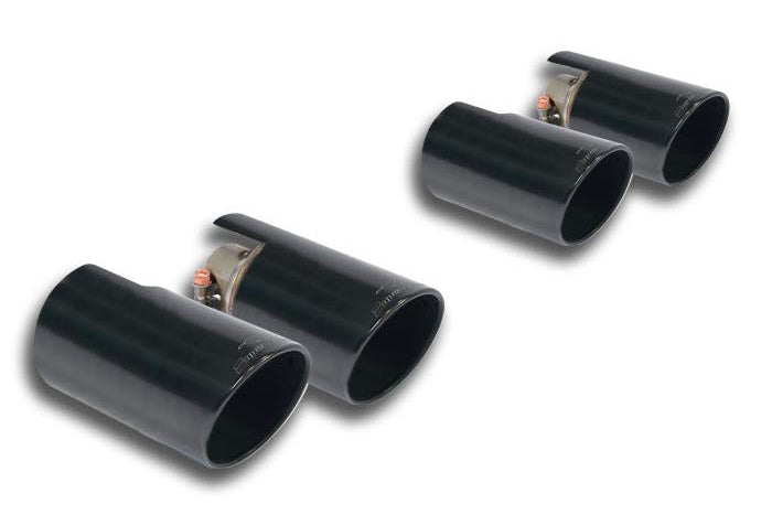 Supersprint BMW F8X M2C/M3/M4 exhaust endpipe kit with four 90mm gun metal grey tips, showcasing polished metal finish and sleek design.