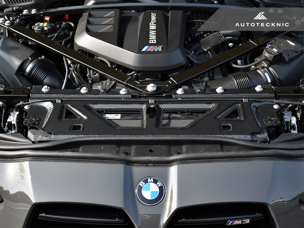Straight-on view of the G8x M3 or M4 engine bay showing the Cooling Shroud installed and V-weave