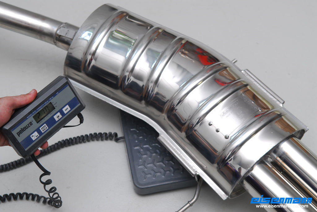 Eisenmann performance exhaust for BMW E46 320, 325, 330 models, showing polished exhaust pipes and dual tips.