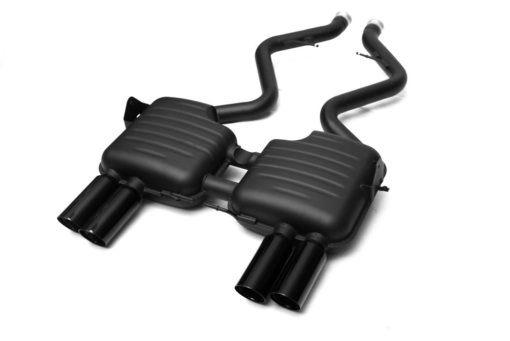 Eisenmann E90 M3 performance exhaust system with polished tips and dual exhaust pipes, showcasing its high-performance design.