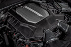 Eventuri black carbon engine cover installed on Audi C8 RS6 and RS7, showcasing sleek exterior engine bay enhancement