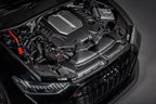 Eventuri black matte carbon engine cover installed on Audi C8 RS6 and RS7 exterior, showcasing sleek carbon fiber design.