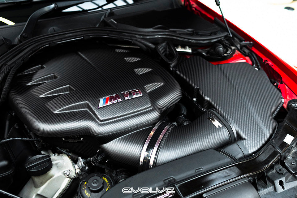 E9X M3 engine bay with full Eventuri matte carbon intake system installed along with available inlet plenum and airbox lid