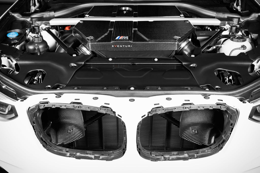 Eventuri carbon intake system installed BMW X3M X4M S58 engine bay