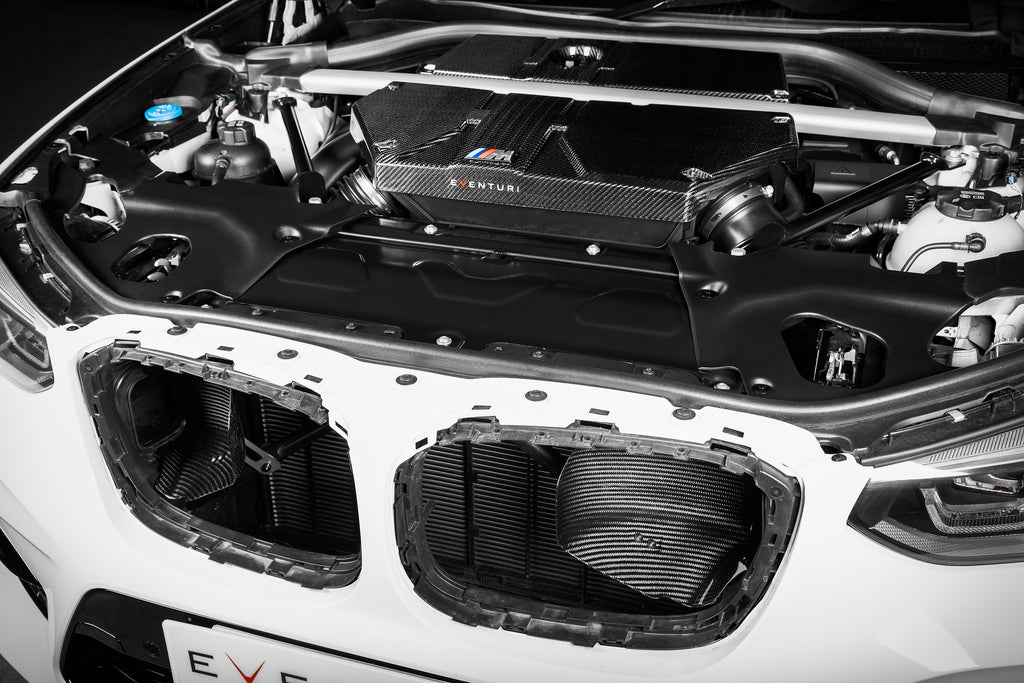 Eventuri carbon intake system installed BMW X3M X4M S58 engine bay