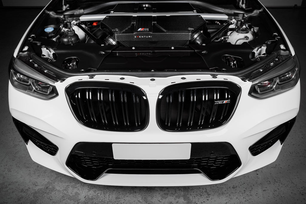 Eventuri carbon intake system installed BMW X3M X4M S58 engine bay