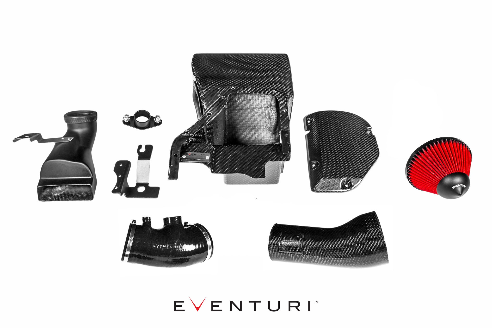Eventuri FK8 Civic Type-R Black Carbon Intake System components displayed on a white background, including a carbon fibre airbox enclosure, high flow air filter, Venturi stack, secondary inlet scoop, silicon coupler, and brackets.