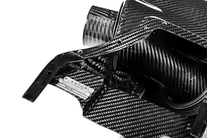 Eventuri FK8 Civic Type-R black carbon intake system with serial plaque, showcasing sleek performance-oriented design.