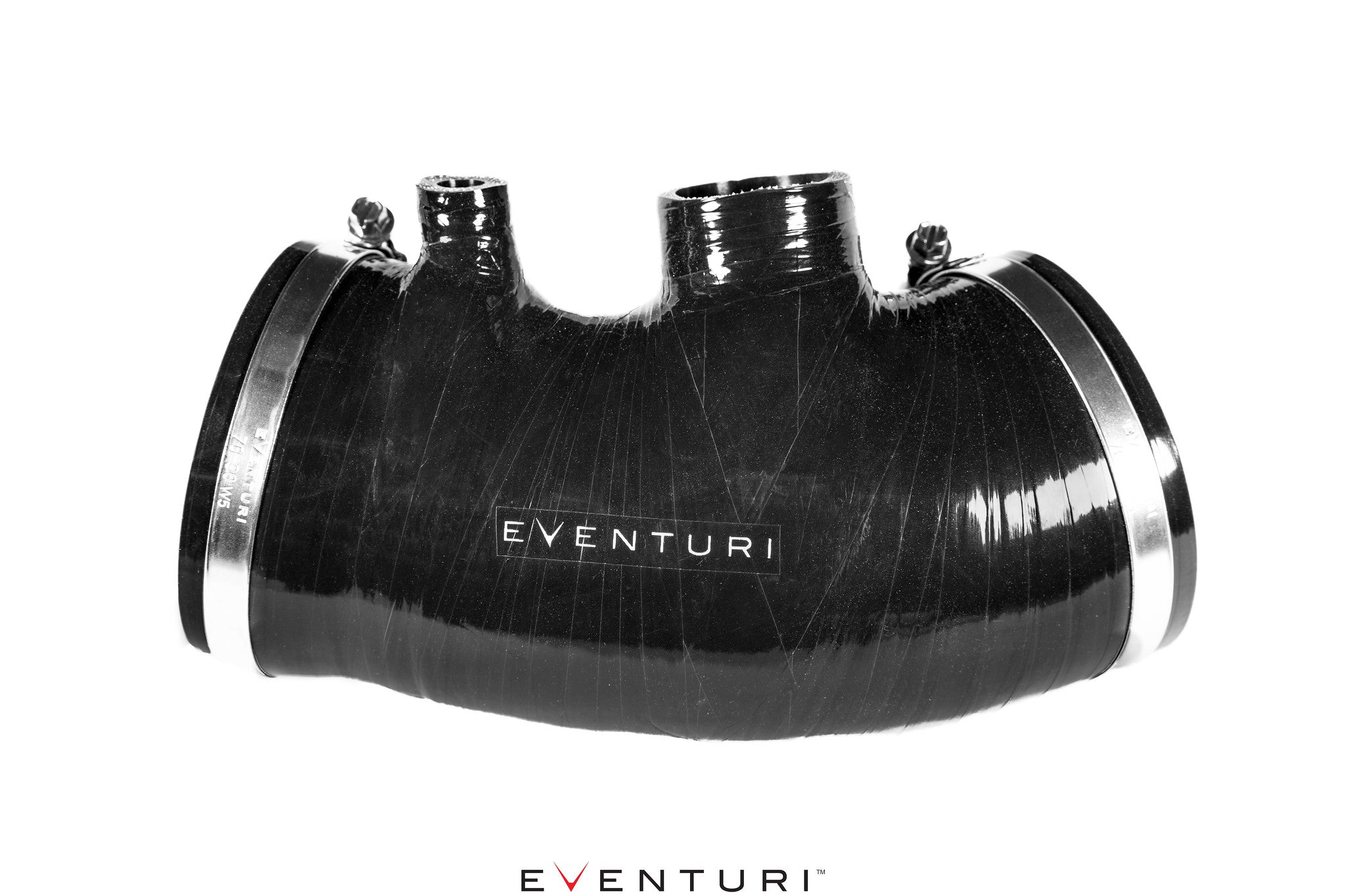 Eventuri FK8 Civic Type-R black carbon intake system with silicone hoses, showcasing performance-enhancing design.