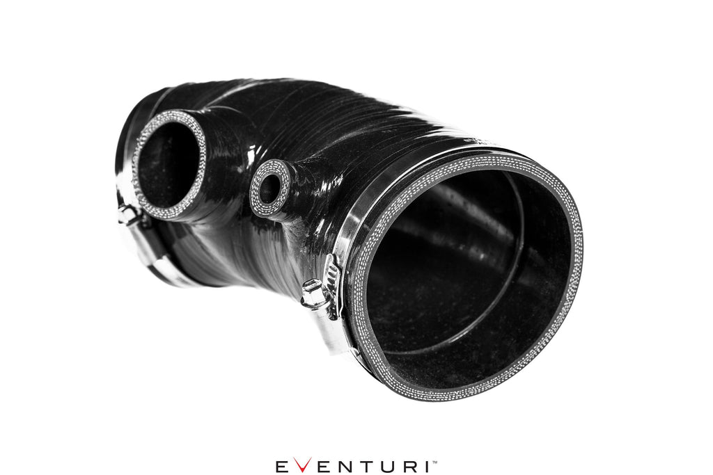 Eventuri FK8 Civic Type-R black carbon fiber intake system with silicone hoses, showcasing performance upgrade for engine airflow.