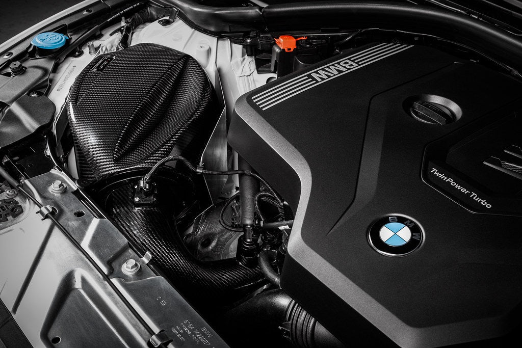 Reverse close-up 3/4 view of BMW G20 330i with Eventuri Carbon Intake System Installed