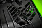 Close-up of black carbon engine cover set by Eventuri on a Lamborghini Huracan, showcasing performance-oriented design and fitment.
